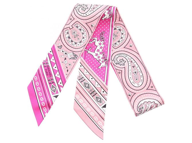 Hermès Hermes Twilly Cheval de Coeur Bandana Scarf Rosa Bianco