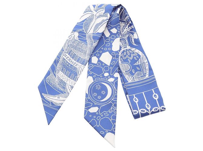 Lenço Hermès Twilly LA DANSE DES AMAZONES Branco Azul