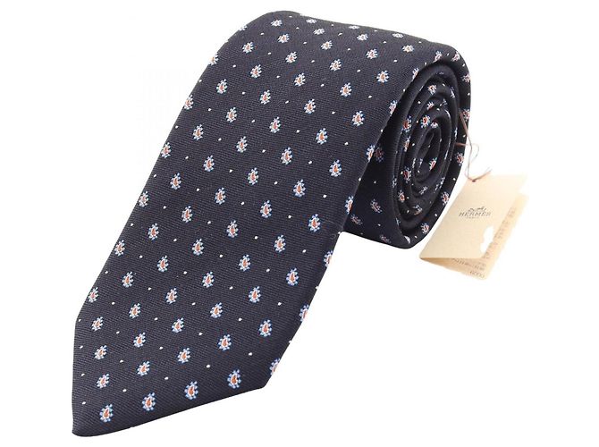 Cravatta in seta Hermès blu navy e arancione Multicolore