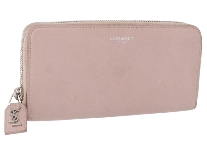 SAINT LAURENT Long Wallet Leather Beige Silver Auth bs36457 Silvery