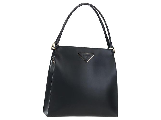 PRADA Shoulder Bag Leather Black Gold Auth 190350V