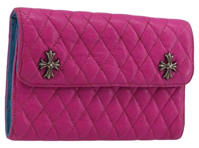 Cartera larga acolchada Chrome Hearts Wave 4 3-Snap de cuero rosa Auth 193426SM Plata