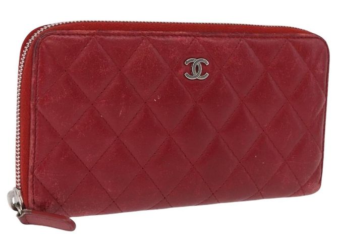 CHANEL Matelasse Long Wallet Lamb Skin Red Silver CC Auth bs36449 Silvery