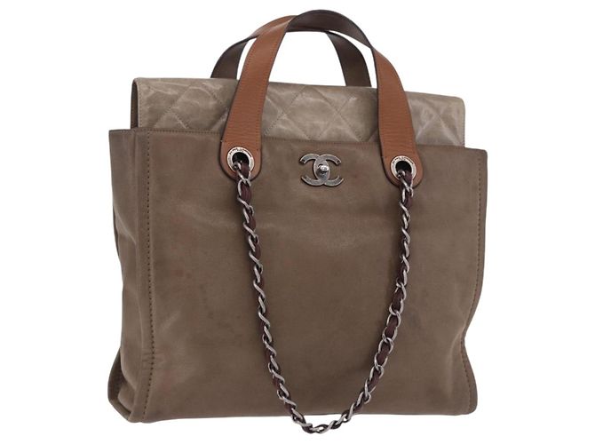 CHANEL Matelasse Chain Hand Bag Leather 2way Brown Silver CC Auth bs36367 Marron Argenté