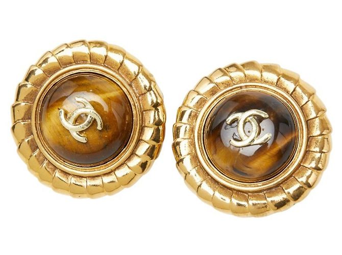 Orecchini a clip rotondi Vintage Chanel Coco Mark Marrone D'oro