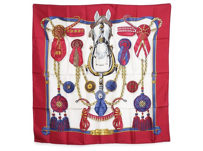 Hermès Hermes Vintage Red Frontaux et Cocardes 1968 Caty Latham Sciarpa in seta Rosso 