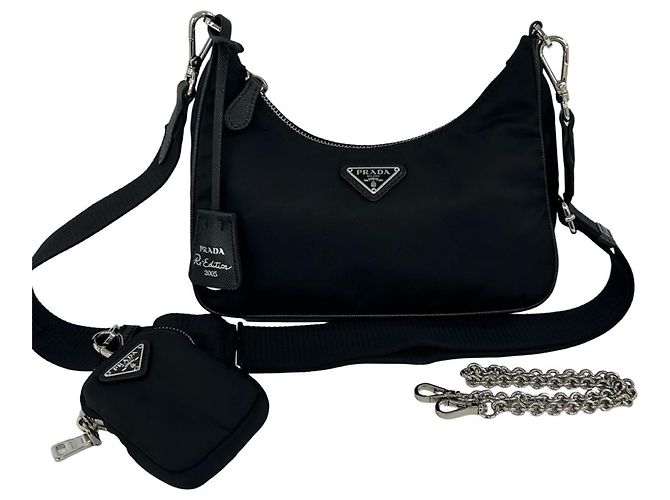 Saffiano Prada Re-Edition Triangle Logo Hardware Shoulder Bag Black