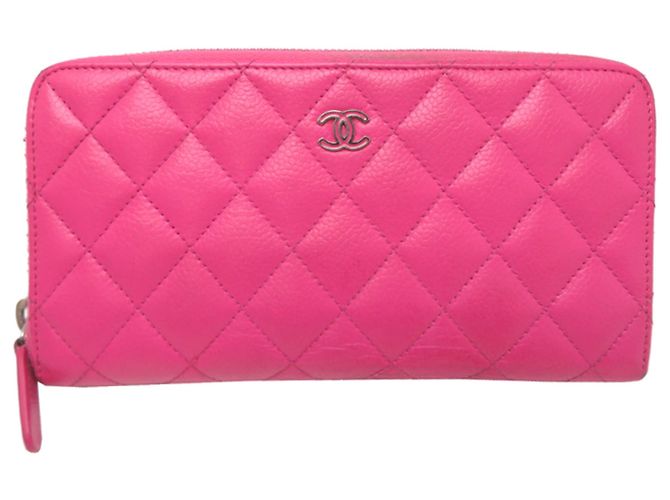 Cartera larga de piel de becerro granulada rosa Chanel