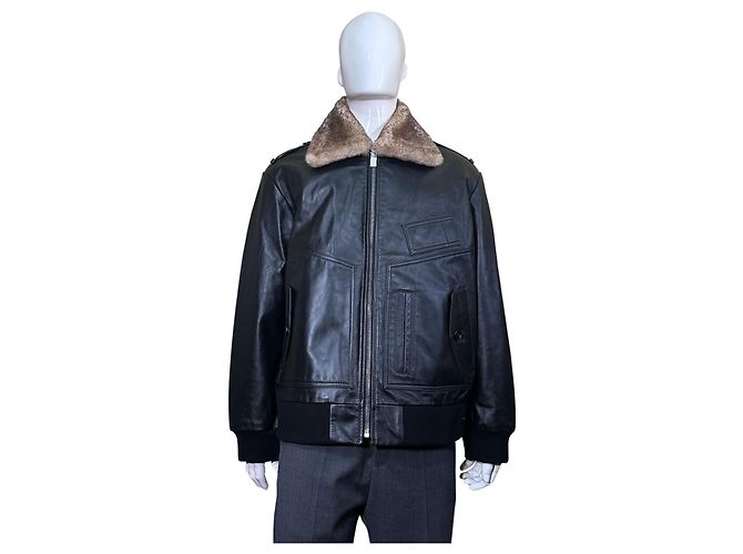 Coach Shearling Collar Leather Bomber Jacket Black
