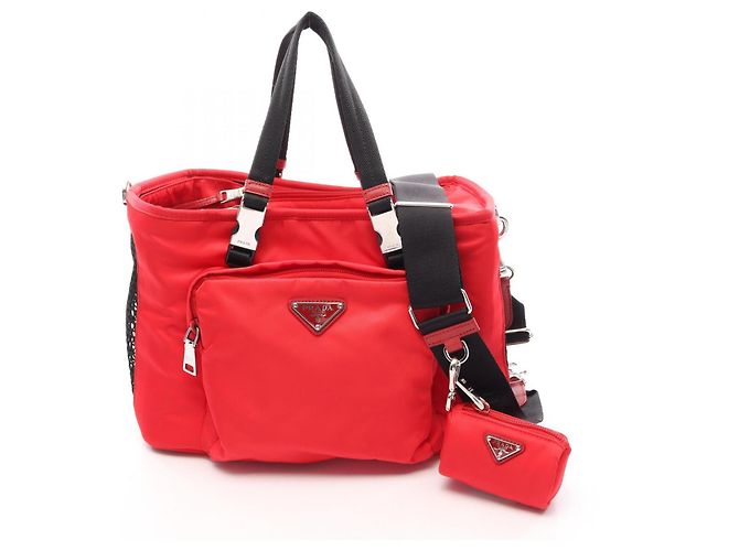 Saffiano Prada Re-Nylon Pet Bag Handbag Black Red