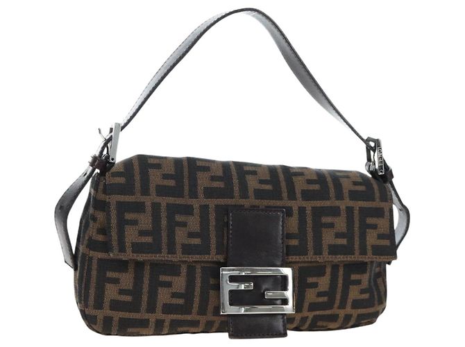 FENDI Zucca Canvas Mamma Baguette Borsa a Spalla Marrone Nero Auth 192460M