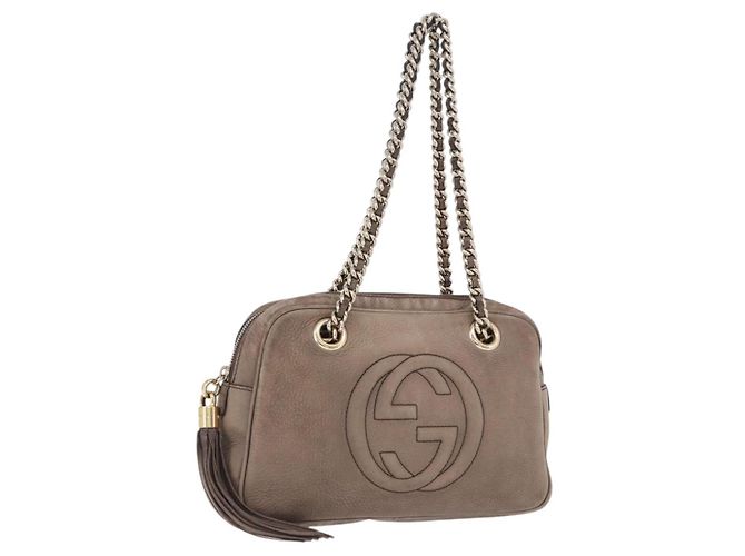 GUCCI Bolsa de Ombro Interlocking em Couro Bege Ouro 308983 Auth bs36491 Dourado