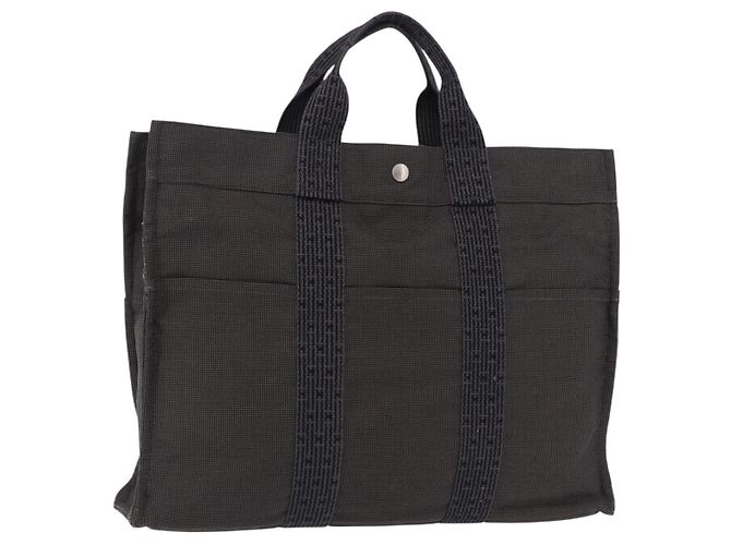 Hermès HERMES Her LineMM Hand Bag Canvas Gray Silver Auth 192552 Marron Argenté