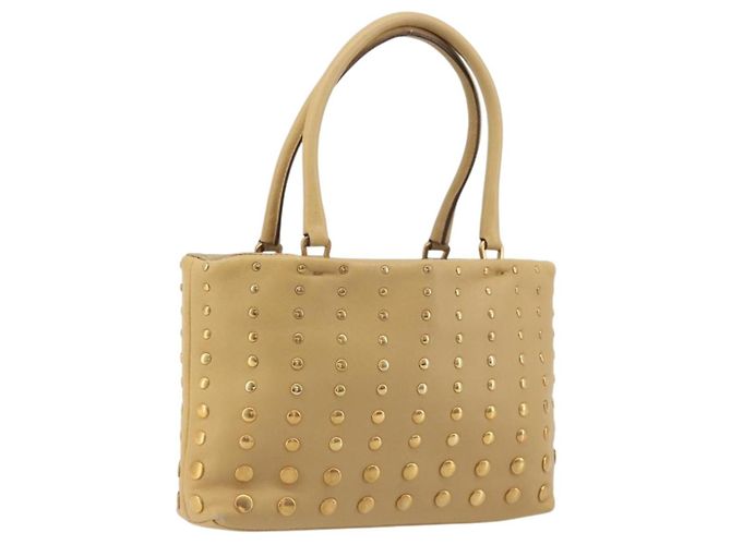 PRADA Studs Tote Bag Leder Beige Gold BN0181 Auth am12230V Golden