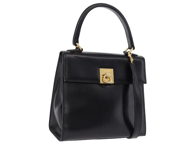 Céline Bolsa CELINE de couro 2way Preta Ouro Auth 193583A Preto Dourado