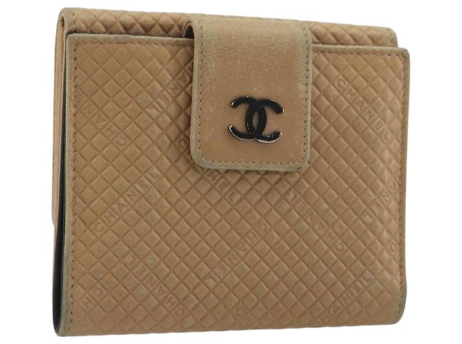 CHANEL Choco Bar line Wallet Leather Beige CC Auth bs36636