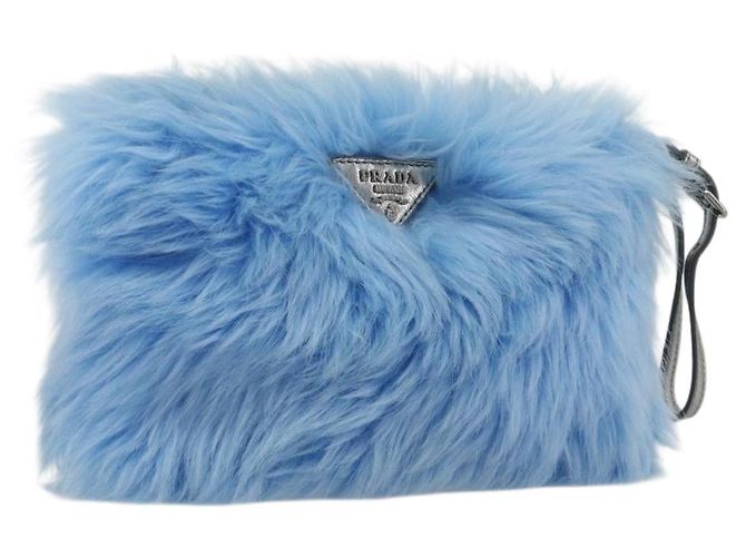 PRADA Clutch Bag Pelz Blau Silber Authentisch 193790M