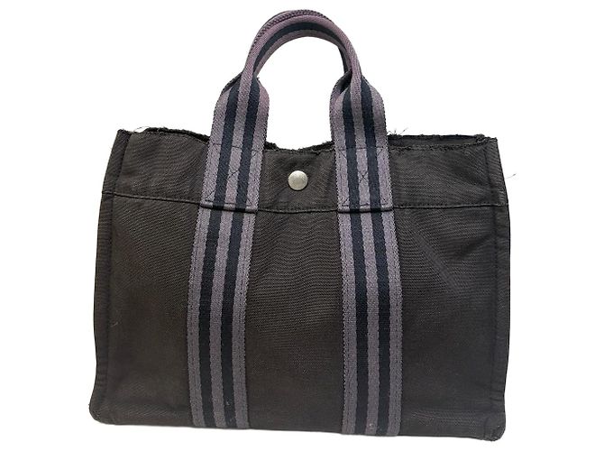 Hermès Sac cabas en coton vintage Hermes Noir Gris