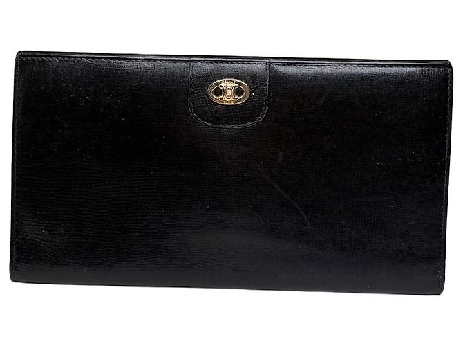 Céline Vintage Celine Textured Leather Wallet Black Gold
