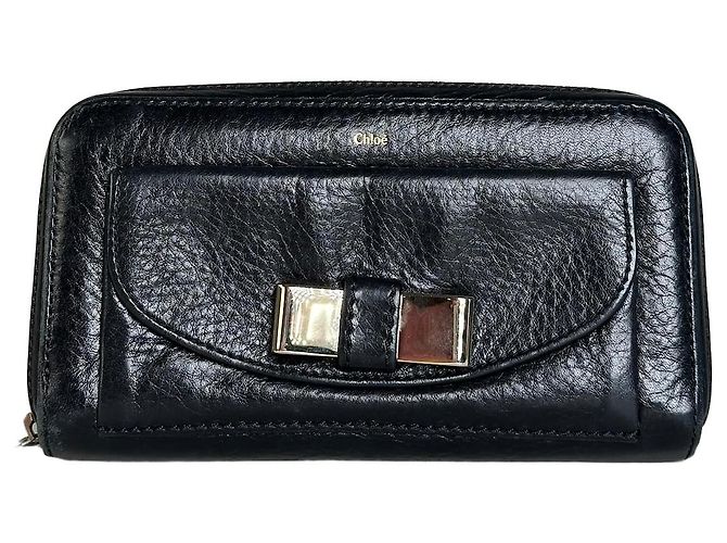 Chloé Vintage Chloe Leather Long Wallet Black Silver