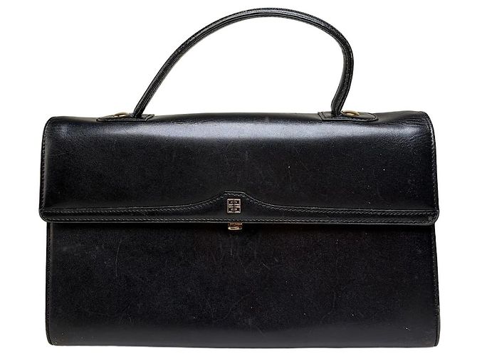 Vintage Givenchy strukturierte Lederhandtasche Schwarz Gold