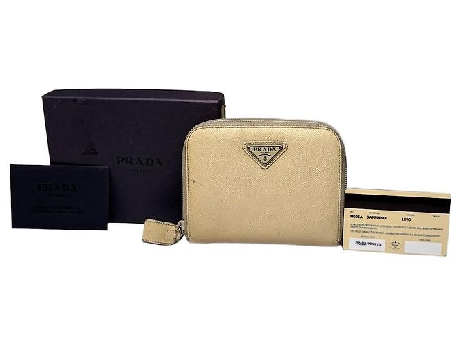 Vintage Prada Saffiano Leather Zip Wallet Cream Silver Beige
