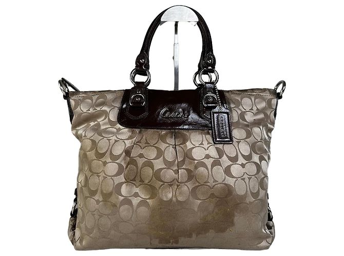 Tote de lona Coach Signature Vintage Bege Marrom Prata