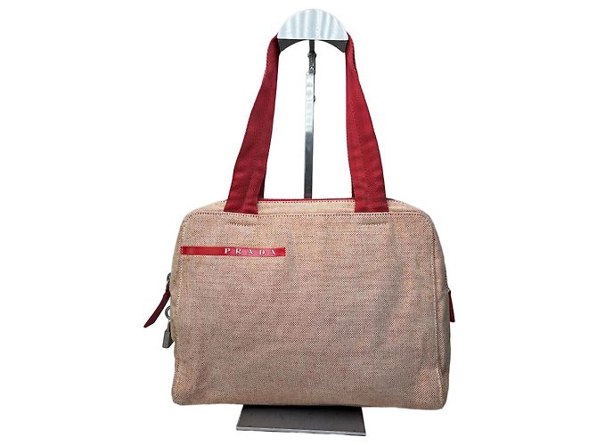 Vintage Prada Canvas Handtasche Beige Rot Silber