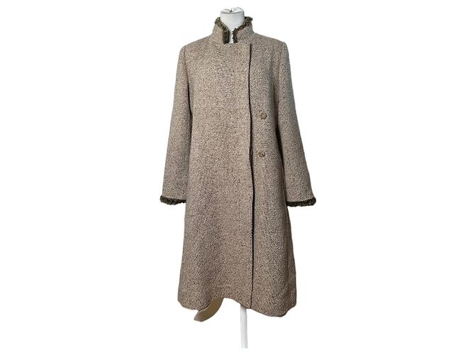 Vintage Givenchy Wool Blend Coat Fur Trim Beige Grey M