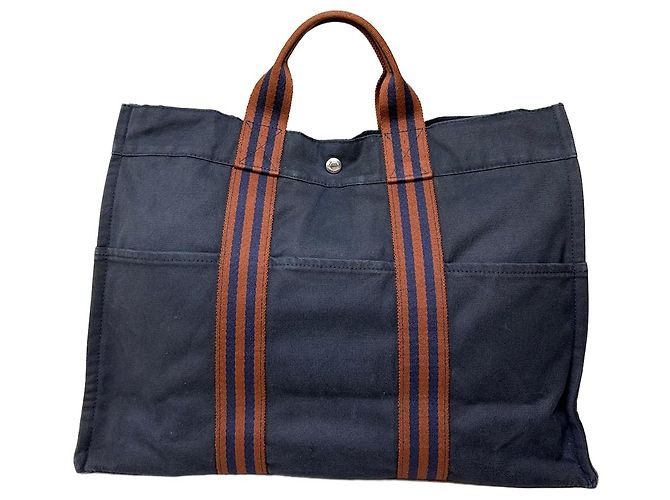 Tote in cotone vintage Hermès Navy Rust Silver Blu navy