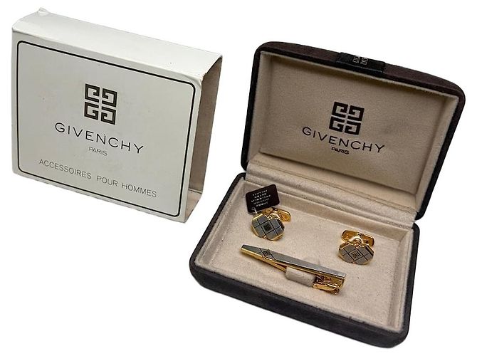 Set di gemelli e fermacravatta Vintage Givenchy Logo Oro Argento D'oro 