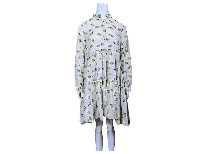 Stella Nova Kleid mit Blumenprint und Volants Beige Gelb