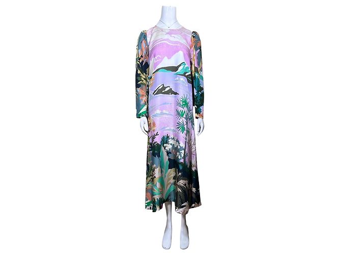 Autre Marque Vestido midi de seda estampado Munthe Castaño Rosa Blanco Multicolor Verde Púrpura