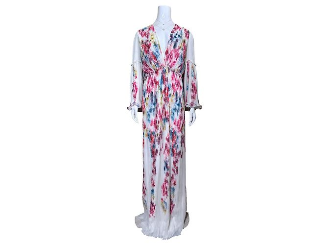 Autre Marque Costarellos Plissee-Maxikleid aus Georgette mit Blumenmuster Weiß Mehrfarben