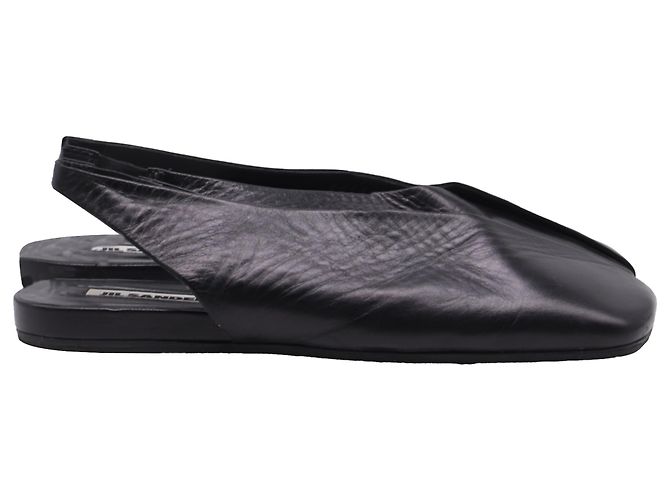 Jil Sander Square-Toe Slingback Flats in Black Leather