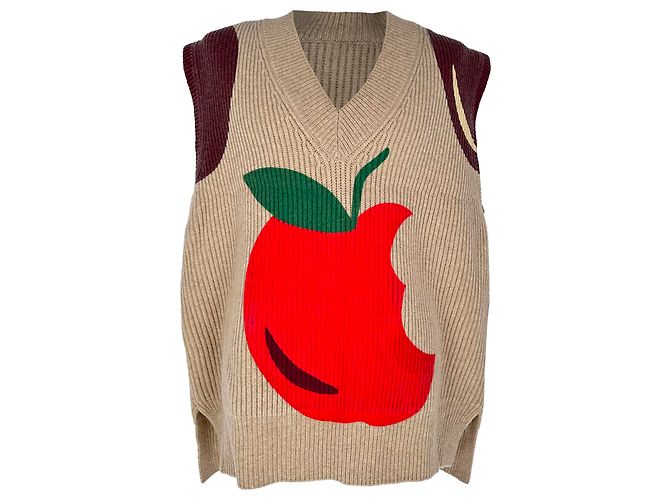 Geripptes Jw Anderson Strickweste mit Apfelprint aus beiger Wolle