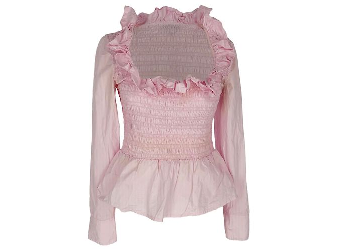 Camicetta a maniche lunghe arricciata in cotone rosa Ganni
