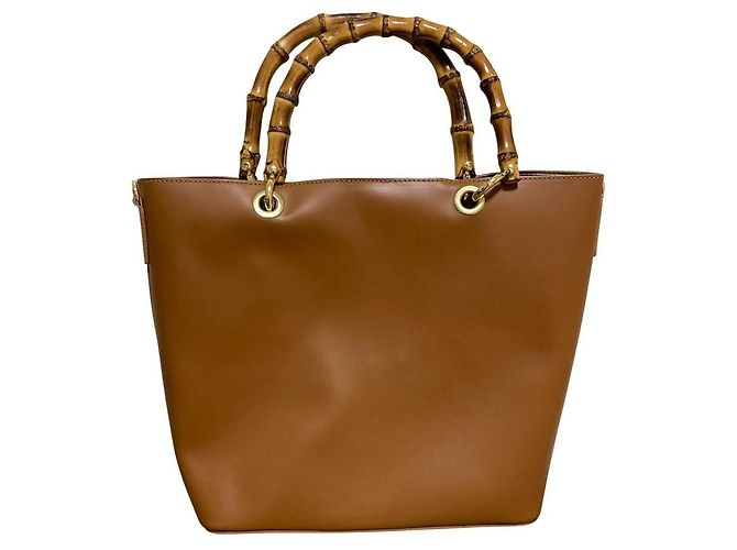 Autre Marque Borsa Tote 2way in pelle con manico in bambù BEVINI Marrone Cammello
