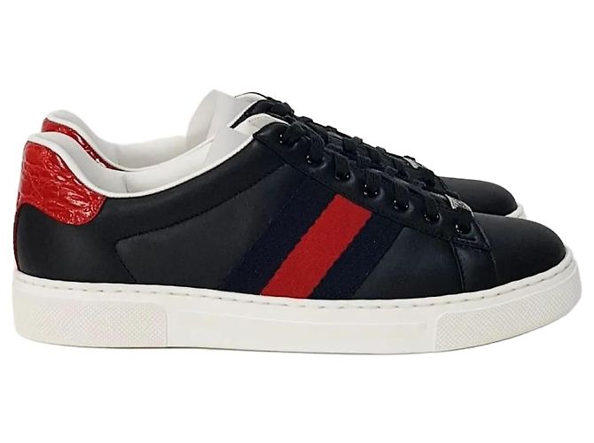 Gucci Baskets Ace Square Web en cuir noir