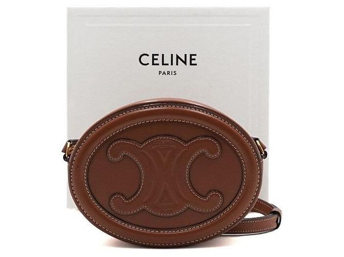 16 Céline Bolsa de Ombro e Bolsa Transversal Tan Kuir Oval Triope Dourado