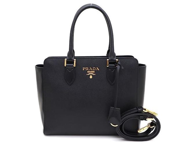 Prada Borsa Tote e Borsa a Spalla Saffiano Gold Logo Top Handle Nero