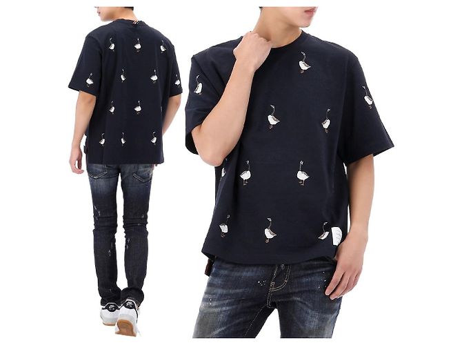 Thom Browne T-Shirt mit kurzärmeliger Gans-Stickerei Schwarz
