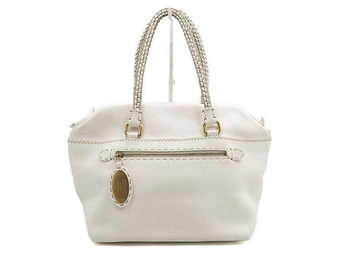 Fendi Bolsa Tote e Bolsa de Ombro em Couro Branco com Alça Trançada Selleria