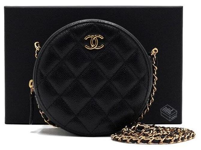 Chanel Mini bolsa de ombro redonda em caviar clássico com corrente COCO Preto
