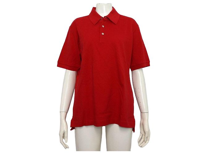 Hermès Camiseta de algodón roja de manga corta para mujer con cuello de botones, algodón rojo