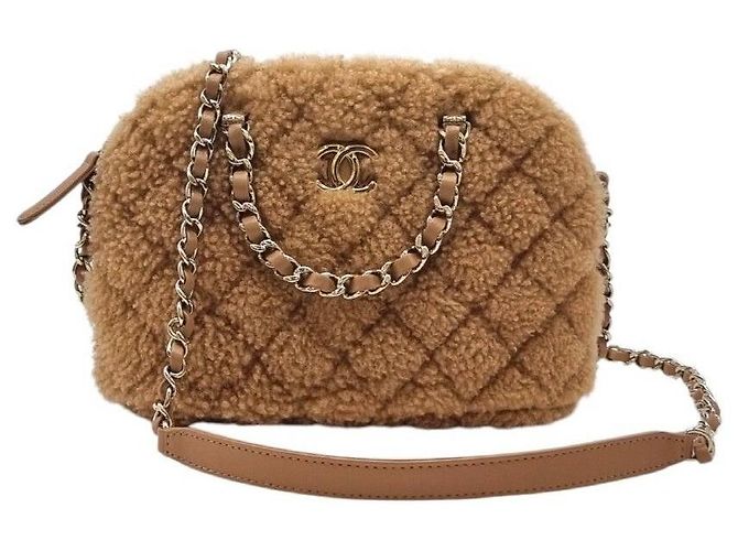 Chanel Shearling Quilted Chain Tote Bag Brown