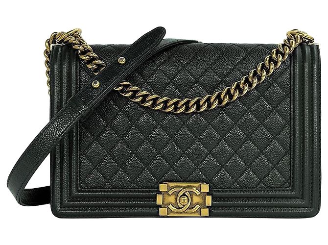 Le Boy Chanel Bolsa Boy Caviar Large Khaki Marrom