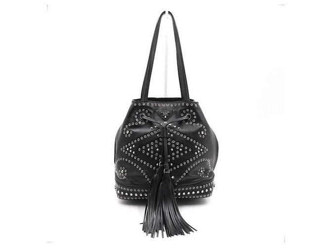Prada Borsa a tracolla a secchiello in pelle nera con cristalli e coulisse Nero