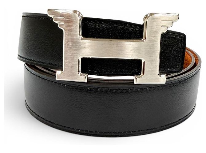 Hermès Hermes Constance Pegasus Reversibler Gürtel Schwarz Orange