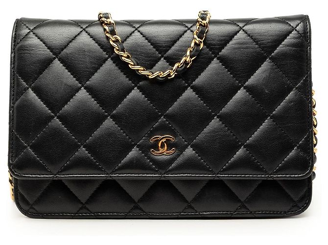 Wallet On Chain Portafoglio Chanel Black CC in agnello trapuntato con catena Nero